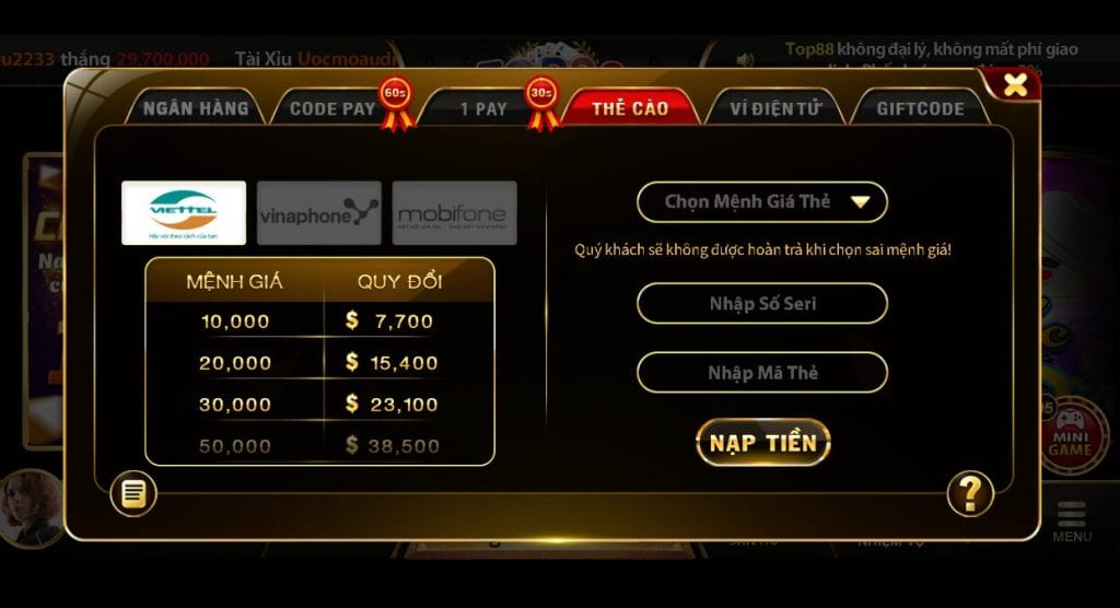 Hướng dẫn nạp tiền tại Top88