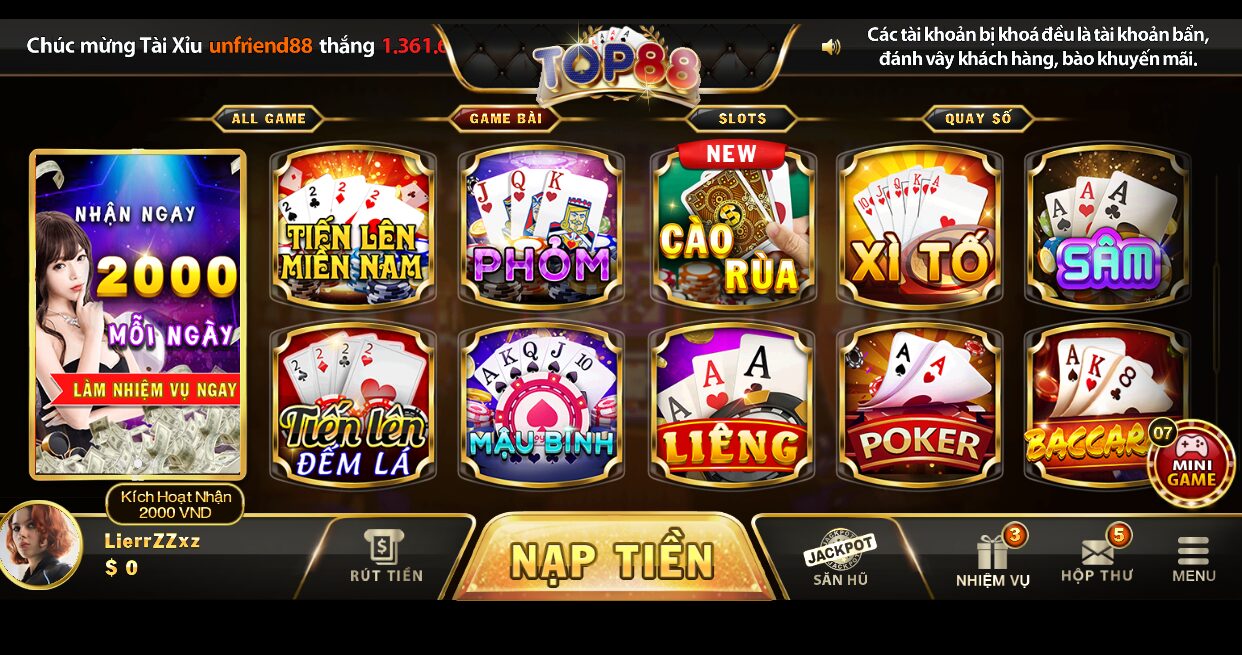 Top88 có kho game cực kỳ đa dạng và phong phú 